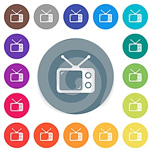 Vintage retro television flat white icons on round color backgrounds