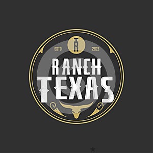 Vintage Retro Texas Ranch, Western State,symbol letters R,T, Bull Cow head Logo Design Emblem Label Vector
