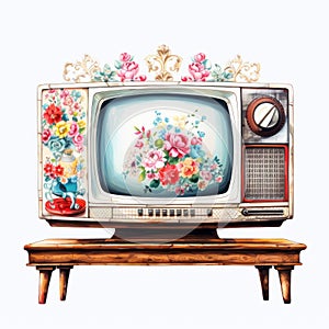 Vintage Retro Tv With Intricate Flower And Garden Paintings