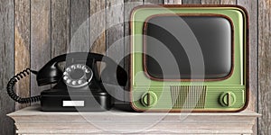 Vintage retro TV and telephone on wooden table, wood wall background. 3d illustration