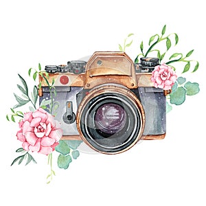 Vintage retro watercolor camera. Perfect for photography logo