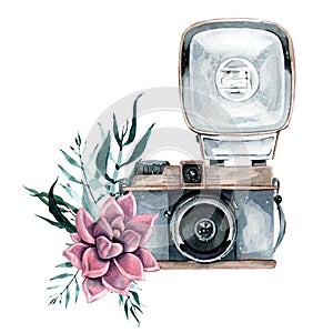 Vintage retro watercolor camera. Perfect for photography logo