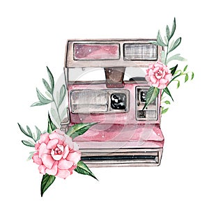 Vintage retro watercolor camera. Perfect for photography logo