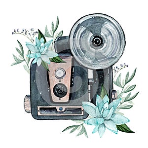 Vintage retro watercolor camera. Perfect for photography logo