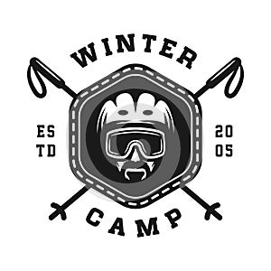 Vintage retro winter sport ski snowboard or adventure emblem, logo, badge, label. mark, poster or print. Monochrome Graphic Art.