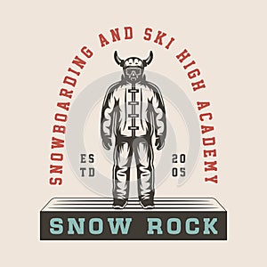 Vintage retro winter sport ski snowboard or adventure emblem, logo, badge, label. mark, poster or print. Monochrome Graphic Art.