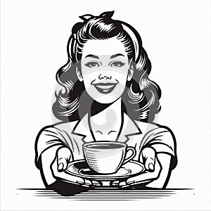 Vintage Retro woman offering a cup of coffee Illustration line art comic black and white 03