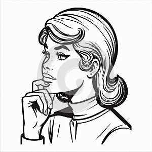 Vintage retro woman think wondering daydreaming simple line art black and white comic 03