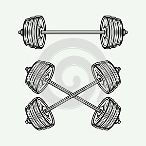 Vintage retro woodcut fitness gym barbell. Can be used like emblem, logo, badge, label. mark, poster or print. Monochrome Graphic