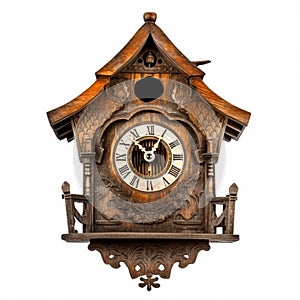 Vintage retro wooden with carved patterns cuckoo clock isolated