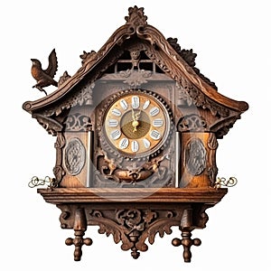Vintage retro wooden with carved patterns cuckoo clock isolated