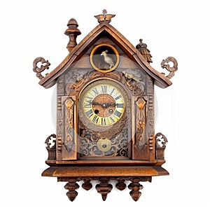 Vintage retro wooden with carved patterns cuckoo clock isolated