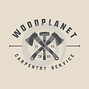 Vintage retro woodwork carpentry mechanic emblem, logo, badge, label. mark, poster or print. Monochrome Graphic Art. Vector