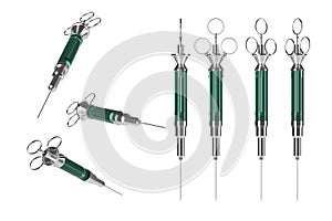 Vintage reusable syringe with green liquid isolated on white background. 3d render