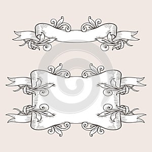 Vintage ribbon banners and drawing in engraving style. Hand drawn design element. Vector Illustration