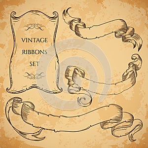 Vintage ribbons set. Vector illustration. Engraved decorative ornate frames. Victorian style. Place for text message.