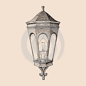 Vintage road lamp hand drawing engraving style