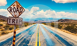 Vintage ROAD TRIP sign points towards a journey on an endless straight highway under a vast sky, invoking the spirit of