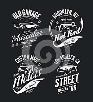 Vintage roadster, custom hot rod and muscle car vector tee-shirt logo isolated set.
