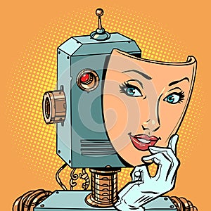 A vintage robot hides behind the face of a beautiful girl. Exposing bots on the Internet and in dating apps. The danger