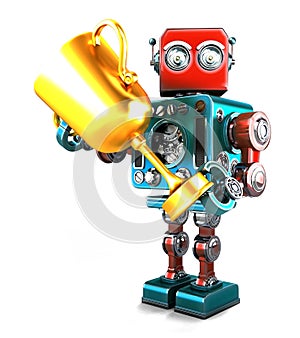 Vintage Robot holding a trophy. Isolated. Contains clipping path