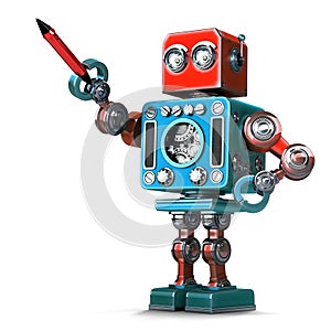 Vintage robot with pen. . Contains clipping path