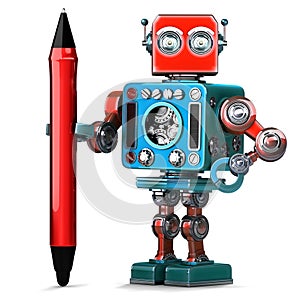 Vintage Robot with red pen. . Contains clipping path photo