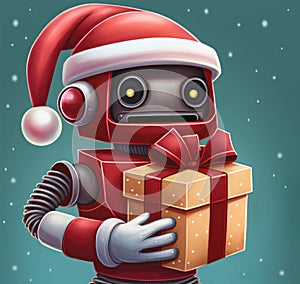 Vintage robot Santa in Christmas hat holding a gift box over blue background. Generative AI illustration