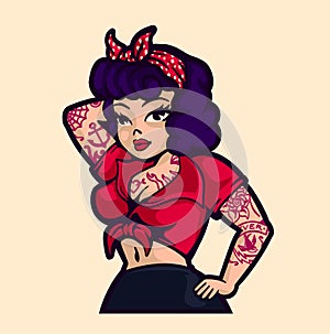 Vintage rockabilly cartoon pin-up woman vector illustration photo