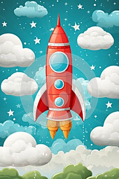 Vintage rocket in outer space illustration, cosmonautics day concept in retro flat design