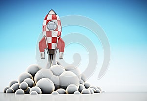 Vintage rocket ship launching to space. 3D illustration