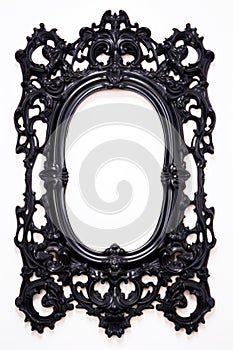 Vintage rococo black frame isolated on a white background. Decorative baroque style frame with copy space. Concept of