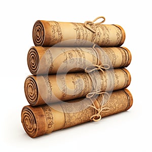 Vintage Rolled Up Scrolls Tied With String On White Background