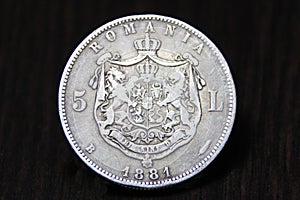 Vintage Romanian coin. 1881 Carol I 5 Lei silver coin