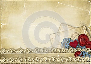 Vintage romantic background with roses and hearts