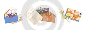 Vintage romantic handwritten letters in craft paper envelops with decorative flower bouquets set