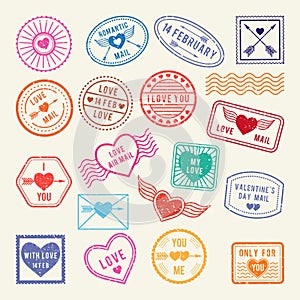 Vintage romantic postal stamps. Vector love elements for scrapbook or letters design