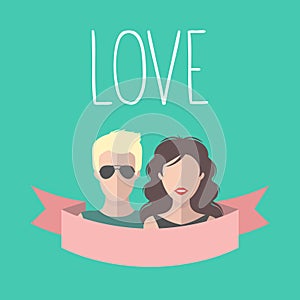 Vintage romantic valentine card with ribbon, boy and girl in flat style. Love card with couple in vector.