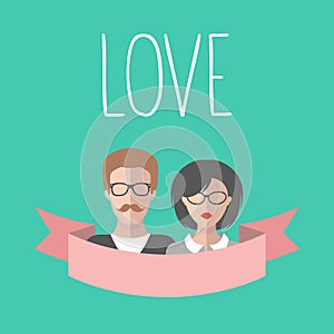 Vintage romantic valentine card with ribbon, boy and girl in flat style. Love card with couple in vector.