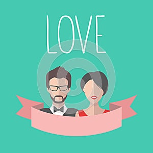 Vintage romantic valentine card with ribbon, boy and girl in flat style. Love card with couple in vector.