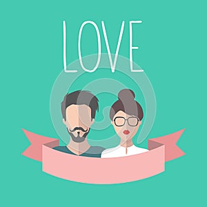 Vintage romantic valentine card with ribbon, boy and girl in flat style. Love card with couple in vector.