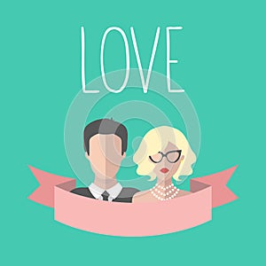 Vintage romantic valentine card with ribbon, boy and girl in flat style. Love card with couple in vector.