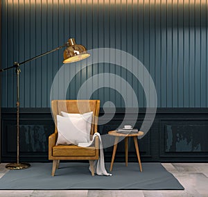 Vintage room,brown leather wing chair with wood table and gold floor lamp onclassic dark blue wall, 3d render