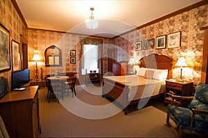 vintage room with classic furniture and modern conveniences, such as a flatscreen tv