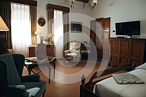 vintage room with classic furniture and modern conveniences, such as a flatscreen tv