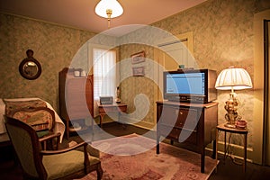 vintage room with classic furniture and modern conveniences, such as a flatscreen tv