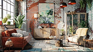 Vintage room with distressed walls and antique furniture