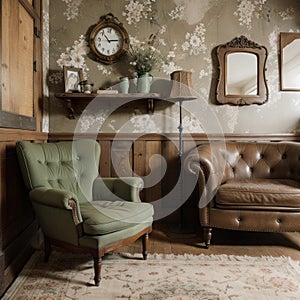 Vintage room with wallpaper and old fashioned armchair Rustic interior design