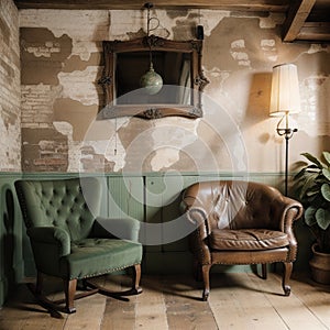 Vintage room with wallpaper and old fashioned armchair Rustic interior design