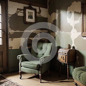 Vintage room with wallpaper and old fashioned armchair Rustic interior design